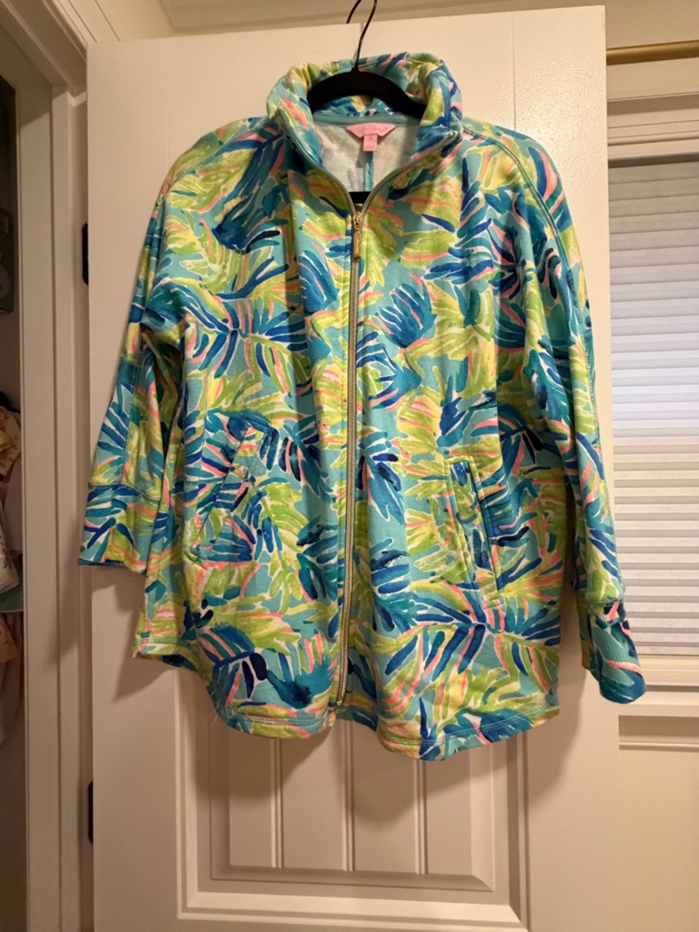 Lilly Pulitzer Aqua Green Tropical Leaf Zip Jacket with Blue & Pink Accents